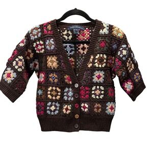 Whimsical Lambswool Granny Square Crochet Sequin Cardigan Brown Sz S Eclectic